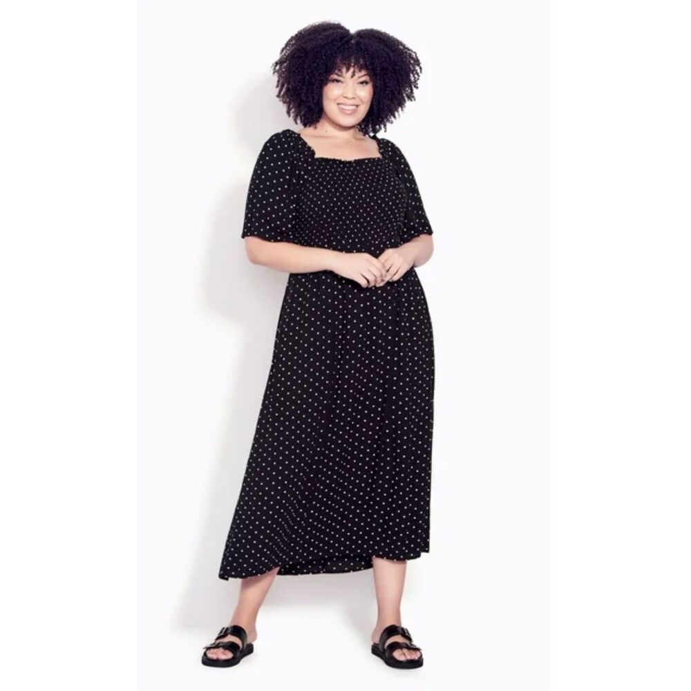 SUMMER EVANS Black With White Dots Smocked Bodice Dress, Size 26/28